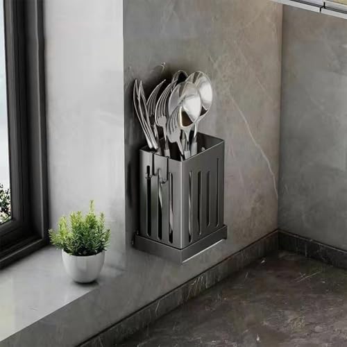 Image of Multifunctional Kitchen Utensil Rack Draining Chopstick Holder Wall-Mounted Freestanding Cutlery Storage Box (Grey)
