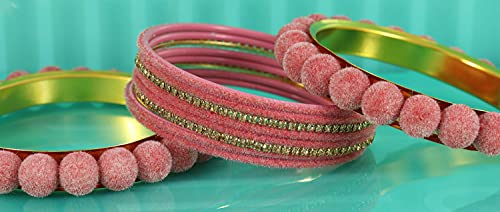 Image of NMII Stylish Metal with Golden Zircon Stone & Velvet Balls Bangles Set For Women and Girls | Fancy Designer Bangles | Short Velvet Chuda Set | Women's Fashion Jewellery