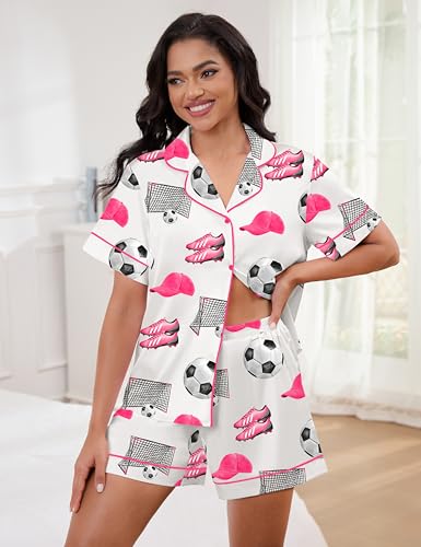 Image of SHESHOW Pajamas for Women Set Satin Button Down Short Sleeve Top and Shorts Pjs Sets Sport Ball Print Sleepwear XS-XXL