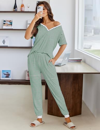 Image of Ekouaer Pajamas for Women Set 2 Piece Fall Lounge Sets Short Sleeve Pjs Joggers Long Pants Sleepwear with Pockets