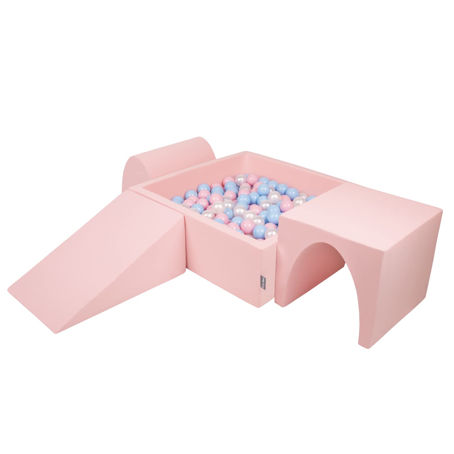 KiddyMoon Foam Playground For Kids With Square Ballpit (300 Balls ∅ 7Cm/2.75In) Soft Obstacles Course And Ball Pool, Made In The EU, Pink:Babyblue/Powder Pink/Pearl