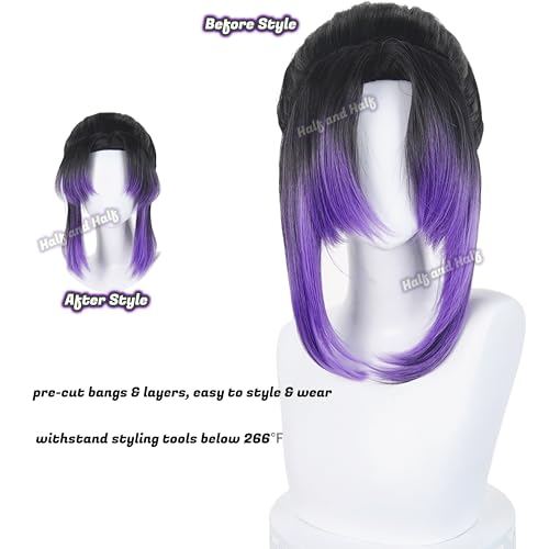 Image of Shinobu Kochou Cosplay Wig + Butterfly Short Black and Purple Anime Wigs | Purple Wigs with Bangs & Bun Warrior Costume DS Wigs Synthetic Hair for Women Halloween Party