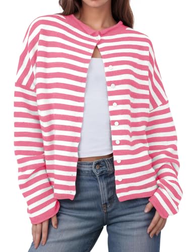 Image of UNCLECAT Womens Striped Cardigan Long Sleeve Button Down Knit Tops | 2026 Fall Winter Trendy,Casual,Cute Lightweight Sweaters,Cozy Soft,Open Front Top,loose fit
