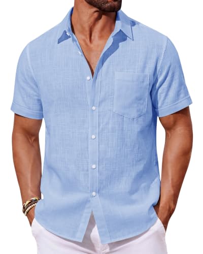 Image of J.VER Mens Linen Shirt Short Sleeve Button Down Casual Summer Shirts | Cotton Linen, Untucked, Big Tall, from Beach Camp Vacation, Cruise Fishing, Work Office, to Wedding Party Family, with Pocket