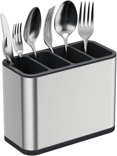 Image of Atasi International Spoon Holder for Kitchen Countertop - Stainless Steel Cutlery Stand with Drain Tray, Rustproof Heavy Duty Utensil Organizer for Kitchen & Dining Table (Silver)