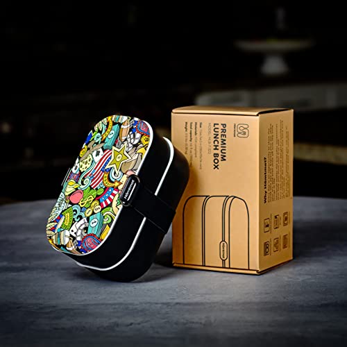 Hämtmat [Upgraded] Bento Lunch Box All-In-One: 2 Food Containers, Sauce Cup, Spoon+Fork+Chopsticks. 100% Leakproof Lids. Portable For Work, Lunch, Travel - American Comic Box Style #TOP7