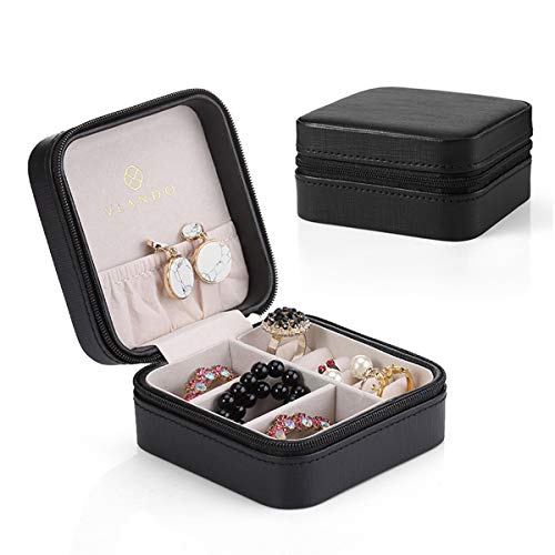 Vlando PU Leather Small Jewelry Travel Organizer, Travel Jewelry Case for Ring, Mini Jewelry Box for Earring, Necklace, Bracelet - Black