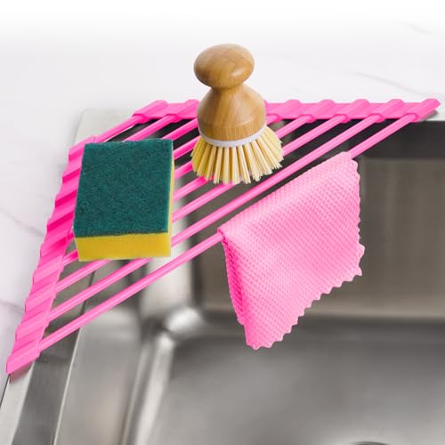 Tomorotec Roll Up Dish Drying Rack with Silicone Coating, Hot Pink