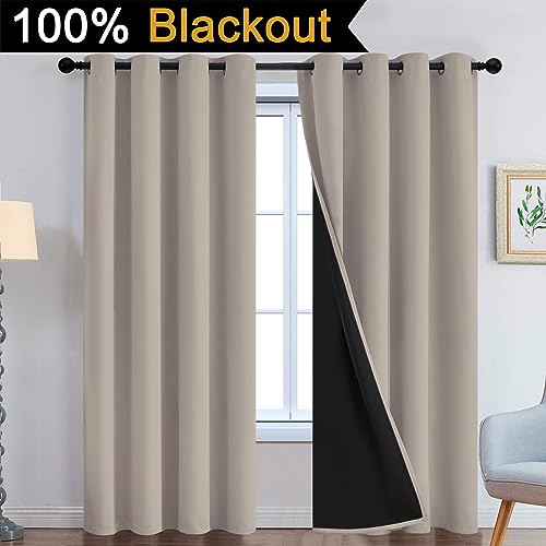 Image of Yakamok 100% Blackout Curtains 84 Inches Long, 2 Thick Layers Heat and Full Light Blocking Soft Thermal Insulated Drapes for Bedroom(52 inch Wide Each Panel, Natural, 2 Panels)