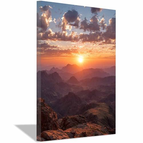 Impression sur toile paysage soleil et montagne 40x60cm encadrée marron
