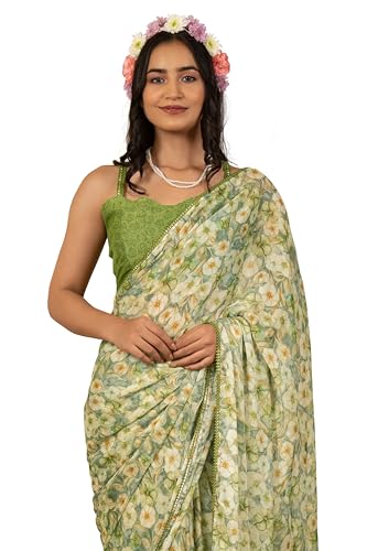 Image of MIRCHI FASHION Women Saree Floral Print Chiffon | Lightweight Festive Occasion Sari for Farewell and Functions with Unstitched Blouse Piece