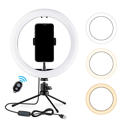 OJelay 10 Zoll LED Selfie Ringlicht mit 9cm Stativ und Handyhalter, 120PCS LED-Perlen mit 3 Beleuchtungsmodi für Live-Stream/YouTube/TikTok-Video/Make-up, mit meisten Smartphones Cover