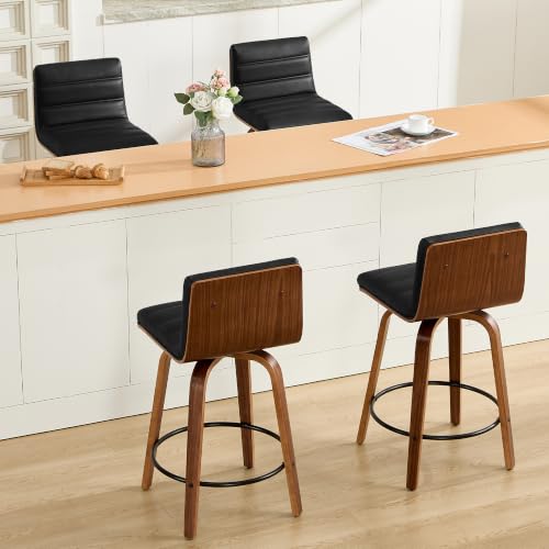 Image of Swivel Bar Stools Set of 5,26 inch Faux Leather Counter Height Barstools with Back,Mid Century Modern Upholstered Bar Chairs with Bentwood Legs Island Stools for Kitchen Counter Black