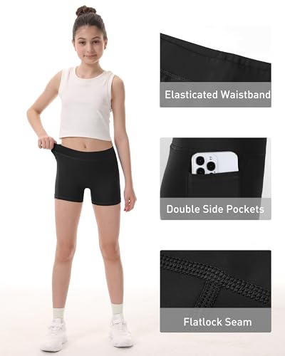 Roadbox Girls Volleyball Spandex Shorts, Youth Biker Shorts with Pockets Athletic Compression Short for Yoga Gymnastics Dance4