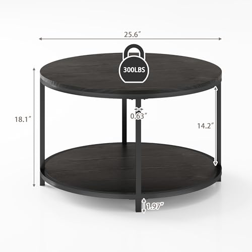 Image of NSdirect Round Coffee Table, 25.6 inch Small Coffee Table for Living Room,2-Tier Rustic Wood Desktop with Storage Shelf Modern Design Home Furniture(Black)