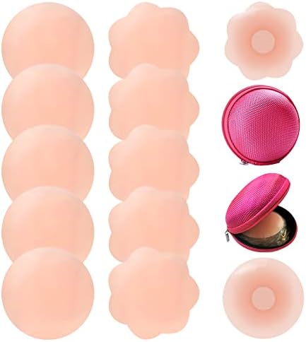 RIFNY Silicone Nipple Covers, Nippleless Pasties for Women Reusable Adhesive Invisible 6 Pairs Round and Petal with Case Beige
