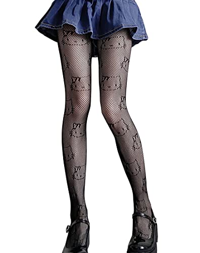 KLONKEE Cute Cat Fishnet Tights for Women High Waisted Patterned Net Tights Soft Stretch Black Pantyhose for Kawaii Outfits