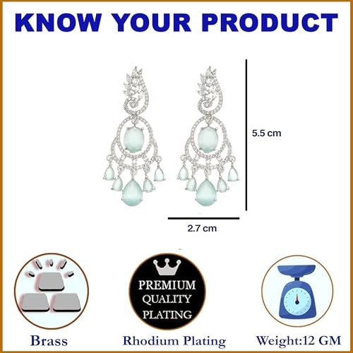 Image of ZENEME Rhodium-Plated American Diamond Studded Oval & Leaf Shaped Drop Earrings For Girls and Women