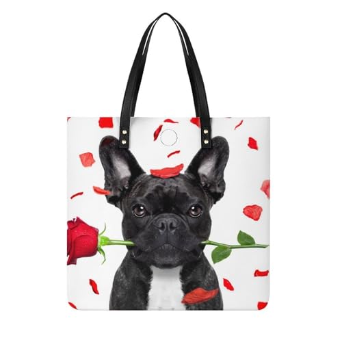 Tote bag bouledogue noir rose femmes grand sac à bandoulière shopper voyage 39x39cm