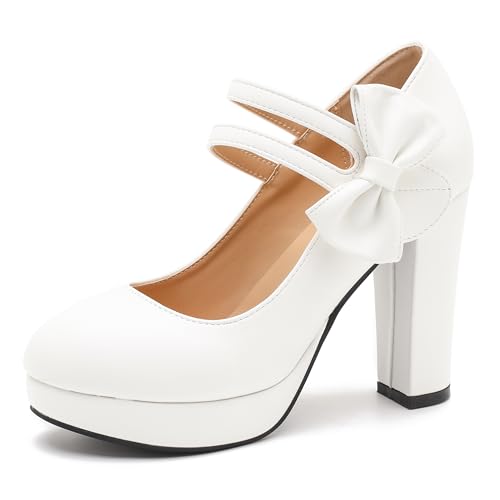 Image of MAIERNISI JESSI Women's Platform Mary Jane Pumps with Bow, 3.94 Inch Block Heel Dress Shoes