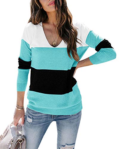 Ofenbuy Womens Casual V Neck Sweater Long Sleeve Lightweight Pullover Shirts Color Block Tunic Tops Green