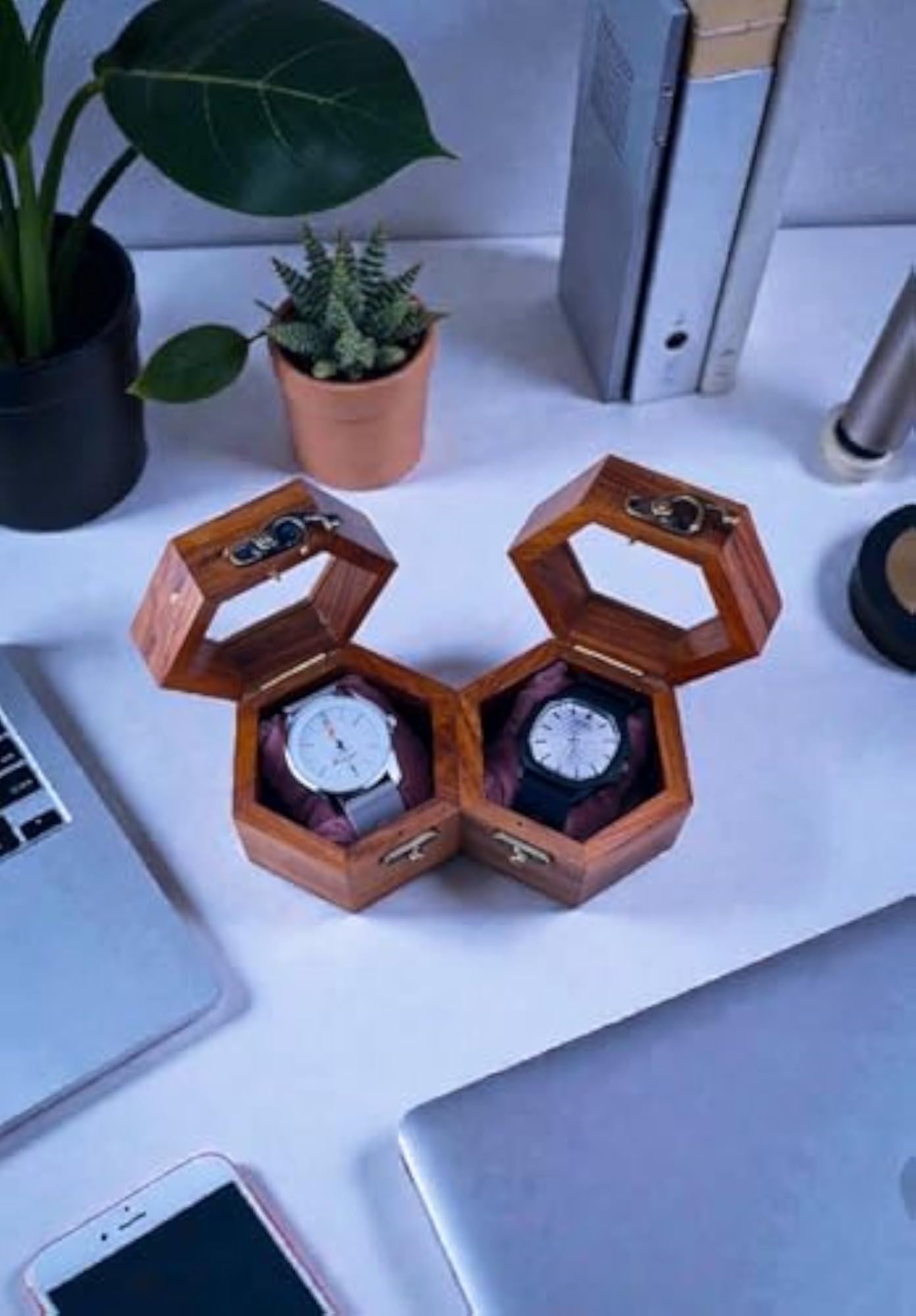 Hexagonal Wooden Watch Box with Glass Top, 2 Pack