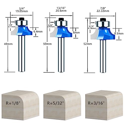 1/4 Inch Shank Roundover Router Bit Set, Corner Rounding Edge-Forming Bit Set-1/8, 5/32", 3/16", 1/4", 5/16", 3/8", 7/16" Radius Woodworking Milling Tools (7Pcs) — view 2
