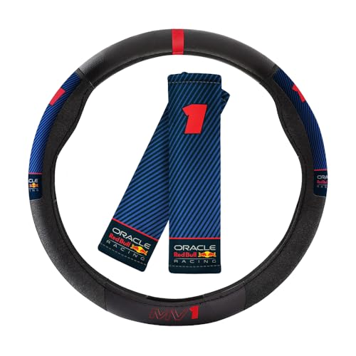 Image of Red Bull Racing Steering Wheel Cover - Universal Fit, Perforated Leather with Cloth Grips, Sporty Design, Protects & Enhances Your Vehicle's Style (RBSWCK002MVBR)