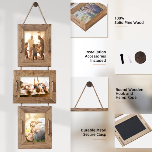 Abswhlm 5X7 Hanging Picture Frames Rustic Solid Wood 3 Opening Picture Frame Collage Wall Mounted Set Display 4X6 Pictures With Mat Or 5X7 Without Mat (Weathered Brown, 2Pack) #TOP2
