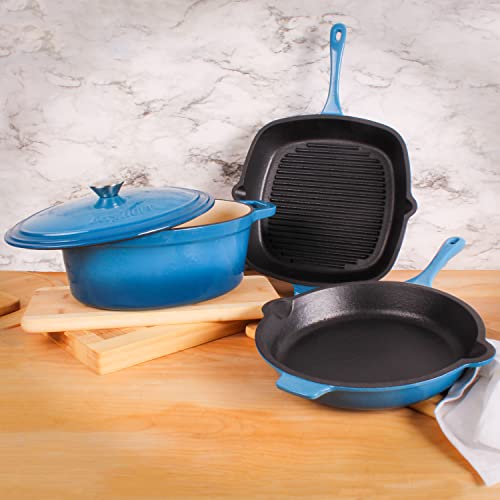 BergHOFF Neo 4Pc Enameled Cast Iron Cookware Set, Fry Pan 10 inches, Grill Pan 11 inches, 5qt. Dutch Oven, Matching Lid, Fast, Evenly Heat, Oven Safe (Blue)