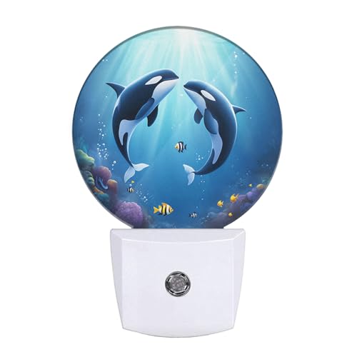 Image of Whale Night Light Undersea Killer Whales Blue Ocean Sea Coastal LED Dusk to Dawn Plug-in Nightlight Auto Sensor for Bedroom Bathroom Hallway Living Room