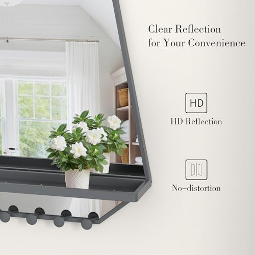 Image of BEAUTME 26x20 inch Bathroom Mirror with Shelf, Irregular Hexagonal Metal Wall Mirrors with Hooks, Bathroom Vanity Mirror Farmhouse, Wall Mounted Mirror Decor for Living Room Bedroom Entryway (Grey)