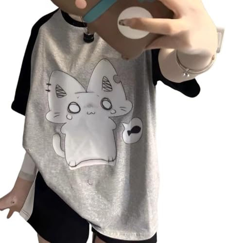 Y2k Cute Kawaii Anime Graphic Tees Oversized Shirts Streetwear Cutecore Clothes 2000s Emo Fairy Grunge Pastel Goth (Sincere Cat Black Grey,Large)