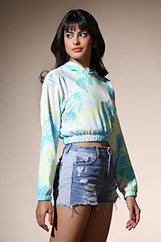 Image of Leriya Fashion Tops for Women | Stretchable Lycra Tie-Dye Print Hoodie Neck Short Western Tops for Girls | Hoodies with Loose Fit Ladies Top | Perfect for Casual | Travel