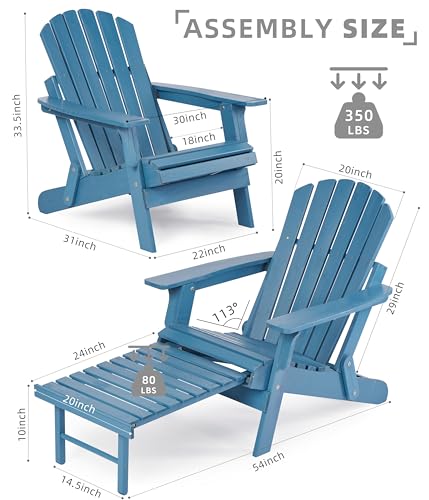 Oversized Outdoor Wooden Folding Adirondack Chair with Retractable Ottoman, Wood Patio Chair with Footrest for Garden Backyard Porch Pool Deck Firepit