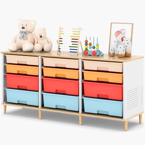 12 Drawers Storage Cabinet with Wooden Top and Plastic Bins Toy Storage Organizer Toy Shelf Storage Chest Cubby Organizer for Home Office Playroom Classroom & Craft Room Storage (Multicolored)