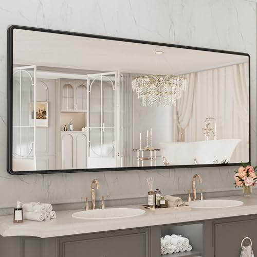 New Upgrade Bathroom Mirror, 77X36 Inch Black Metal Frame Wall Mounted Rounded Rectangle Bathroom Vanity Mirror with Tempered Glass for Washroom Bedroom Living Room