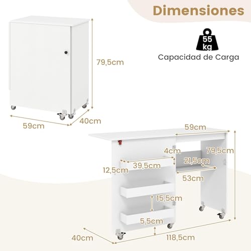 Miniatura 3 de Giantex Armario De Costura Plegable 2 En 1 Con 5 Ruedas, Mesa De Coser Con 3 Compartimentos Y 1 Estante Abierto, Aspecto De Vetas De Madera, Para Dormitorio, Salón Y Estudio Blanco, 118,5x40x79,5cm