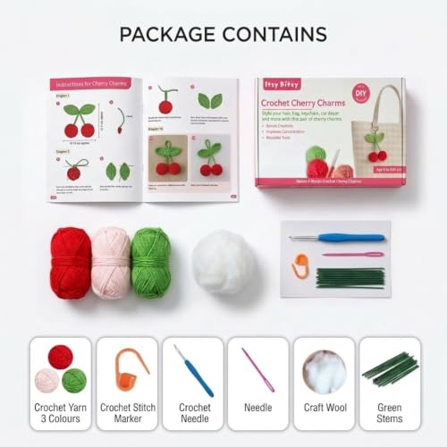 Image of Itsy Bitsy DIY Crochet Cherry Charms Kit Makes 4 | Beginner Friendly Crochet Craft Kit | Make Cute Cherry Keychain Bag Charms Zipper Pulls | Complete DIY Hobby Gift Box