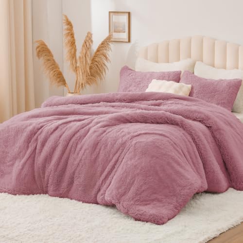 Image of BEDELITE Dusty Pink Fluffy Comforter Set Twin, Fuzzy Faux Fur Comforter | Warm Fleece Shaggy Bedding for Winter, Soft & Cozy Plush Bed Set with 2 Pillowcases
