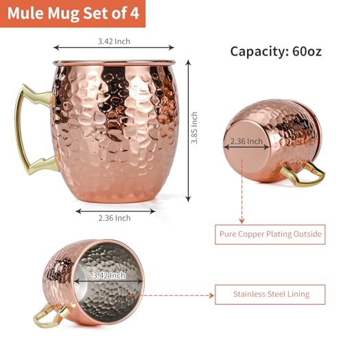Amrules Moscow Mule Mugs Set of 4, 16 OZ Hammered Copper Cups with 304 Stainless Steel Lining and Gold Brass Handles, Includes Straws, Opener, Jigger, Brush, Fit for Cold Drinks, Bars, Parties by Amrules - Image 3