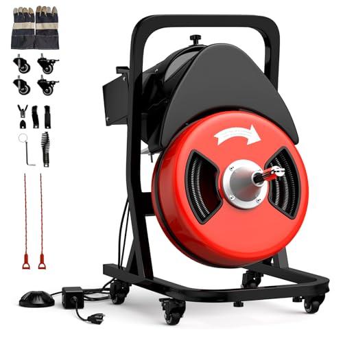 50FTx1/2 Inch Drain Cleaner Machine with Wheels, Sewer Snake Electric Drain for 2" to 4" Pipes, Plumbing Snake Auger Cleaner with 6 Cutter & Foot Switch for Sewer, Sink, Toilet, Bathroom
