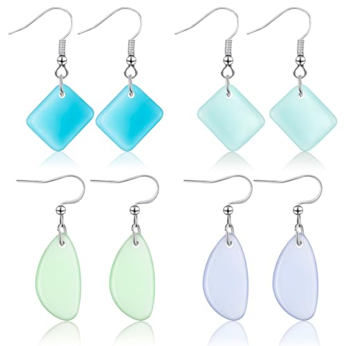 Kigeli 4 Pairs Sea Glass Earrings Recycled Sustainable Include 2 Charming Drop Earrings 2 Square Handmade Earrings for Women Ocean Beach Jewelry Christmas Gift Teacher Coworker Birthday Thanksgiving