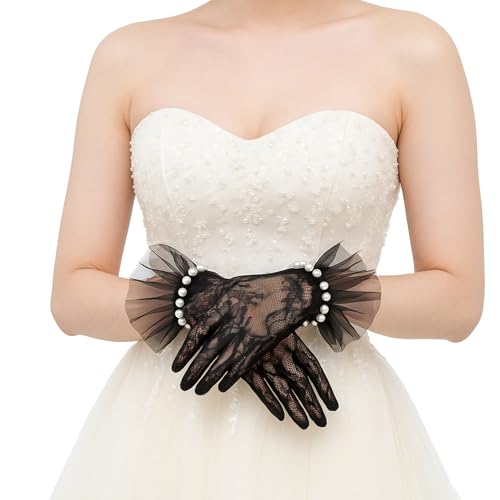 Short Lace Mesh Gloves, Black Lace Gloves with Pearls, Lace Glove Women Tea Party for Opera Evening Party Prom Wedding Halloween Cosplay