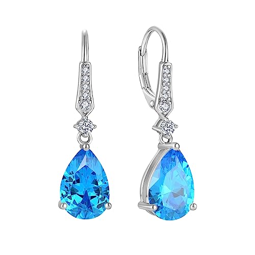 Women 925 Sterling Silver Birthstone Teardrop Leverback Drop Dangle Earrings 8 * 12mm 5A Cubic Zirconia Jewelry for Her