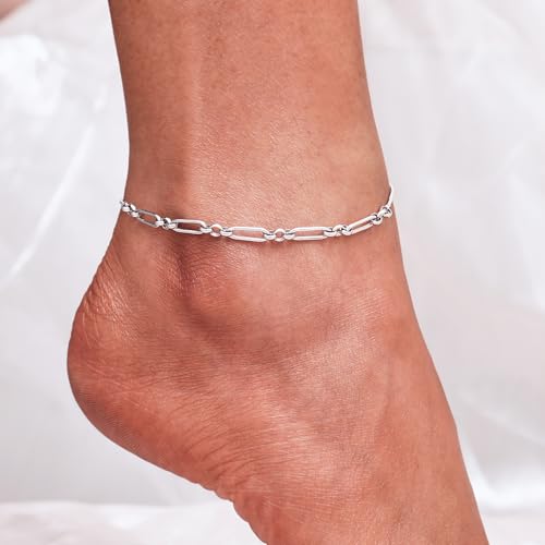 Image of CHIC & ARTSY 925 Sterling Silver Ankle Bracelets for Women, Adjustable Double Layer Chain Anklets, Minimalist Lightweight Foot Jewelry for Beach & Everyday Wear