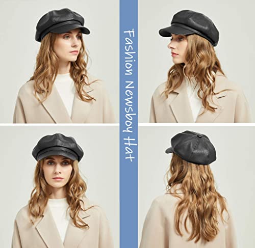 Womens-Newsboy-Cap Cabbie-Hats Retro-Leather-Beret-Hats 8 Panels Gatsby Ivy Cap Black #TOP4