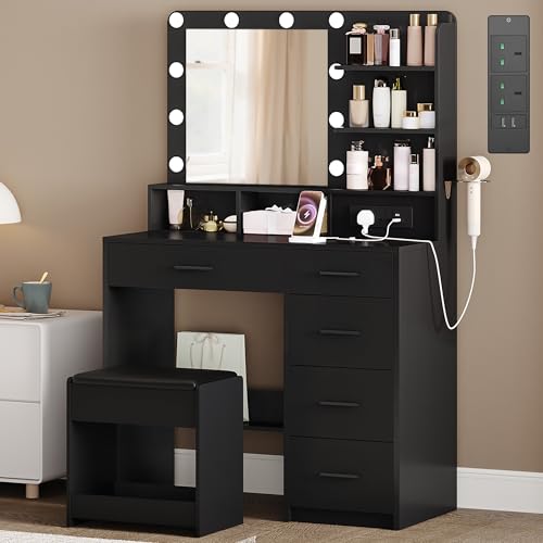 Hzuaneri Dressing Table with 3-Colour LED Adjustable Brightness Vanity Table with Plug and Large Mirror Stool and Hairdryer Holder 6 Open Storage Areas 90 cm desktop Black DT39006X