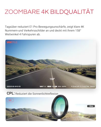 VANTRUE E1 Pro 4K HDR STARVIS 2 Dashcam Auto vorne, 5Ghz WLAN Mini Dash Cam mit CPL, GPS Sprachbefehle, 15Sek. Puffer Parküberwachung, Prima Nachtsicht, 1.54 Zoll 160°Versteckte Autokamera, max. 1TB – Bild 5