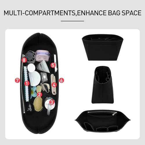 OAikor Longchamp Purse Organizer Insert Compatible with Le Pliage Large Tote Handbags, Felt Zipper Bag Organizer Insert with Cup Holder, 8 Compartments (Black,L)
